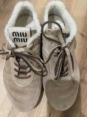Mui Mui Gymnasium Suede & Shearling Sneakers-Desert Beige-EU 38.5/8.5 (Like New)